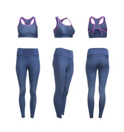 Image of Comfortable sportswear. Collage with blue leggings and sports bra on white background, different sides