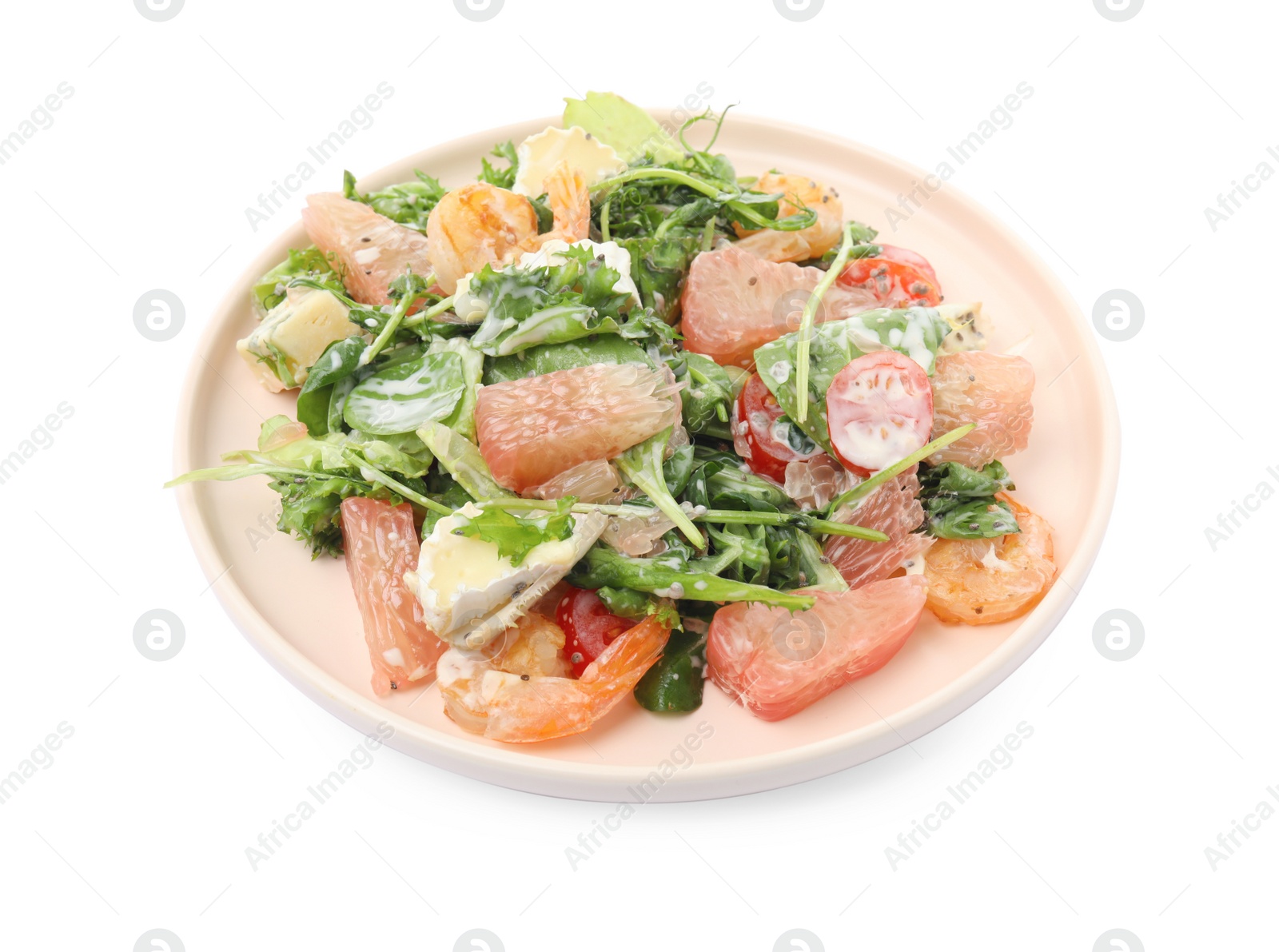 Photo of Delicious pomelo salad with shrimps and cheese on white background