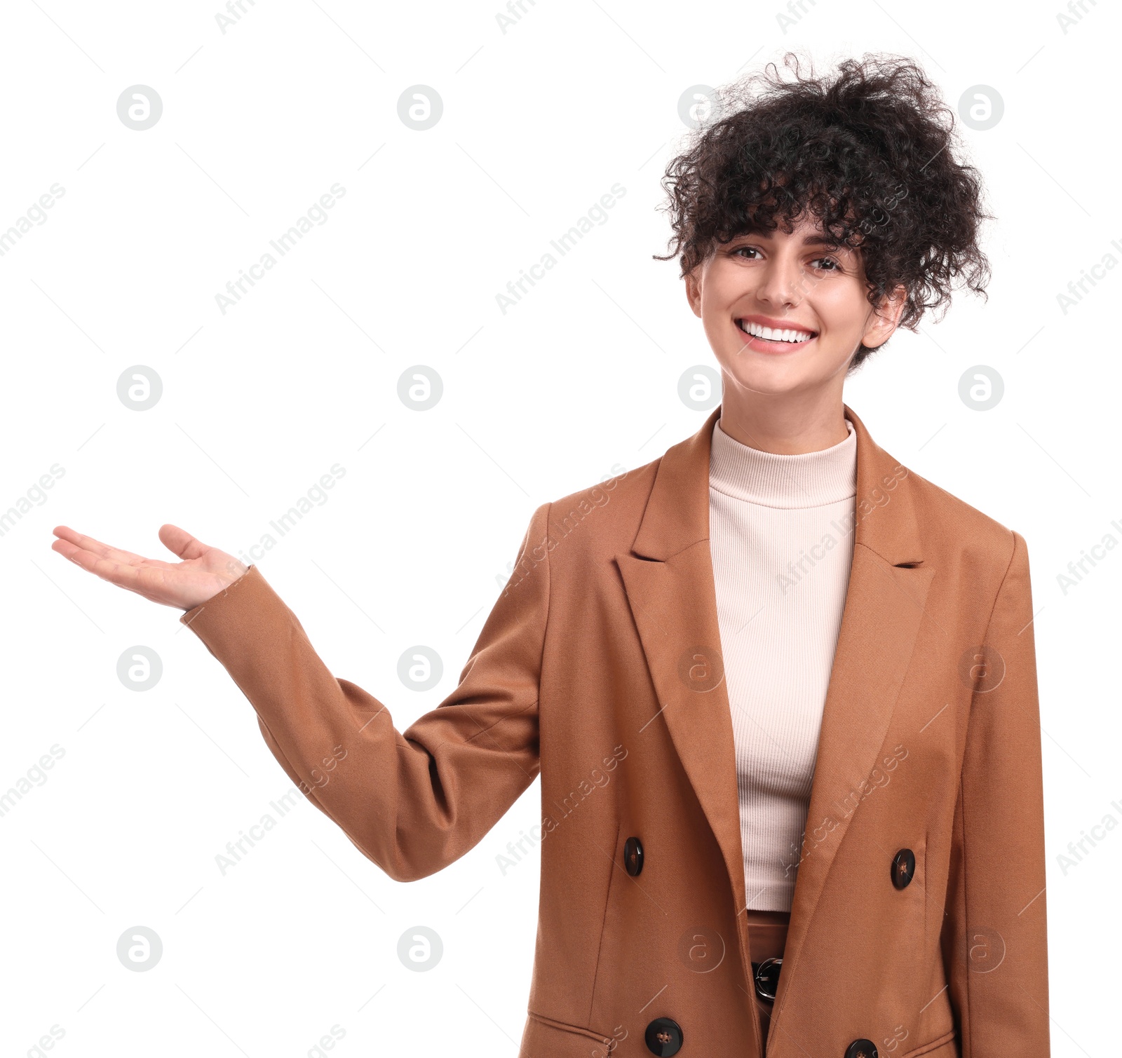 Photo of Beautiful happy businesswoman posing on white background