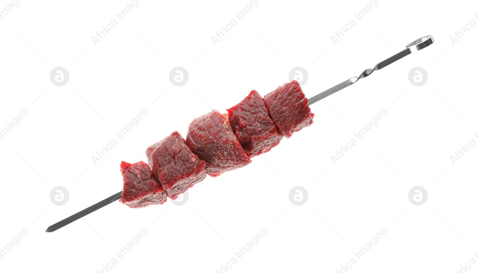 Photo of Metal skewer with raw meat on white background