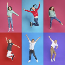 Image of Collage of emotional children jumping on different color backgrounds