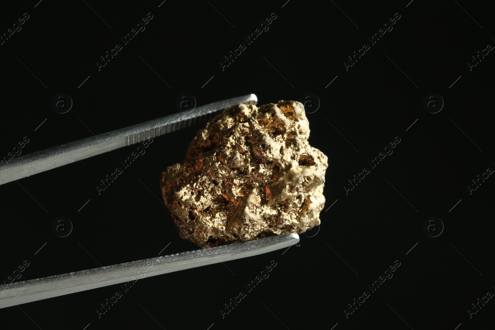 Photo of Tweezers with gold nugget against black background, closeup. Space for text