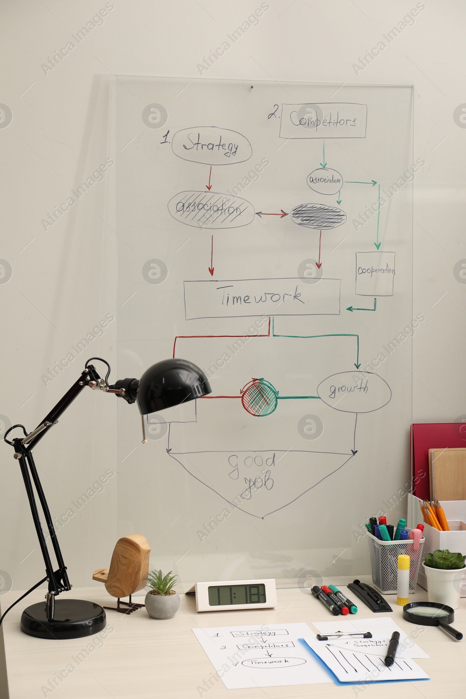 Photo of Business process planning and optimization. Workplace with lamp, notebook and other stationery on white wooden table