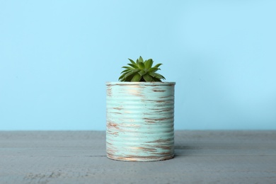 Photo of Beautiful echeveria plant in tin can on grey wooden table