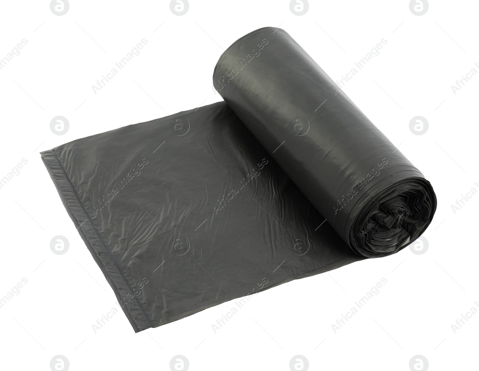 Photo of Roll of grey garbage bags on white background. Cleaning supplies