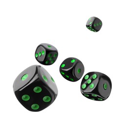 Image of Five black dice in air on white background