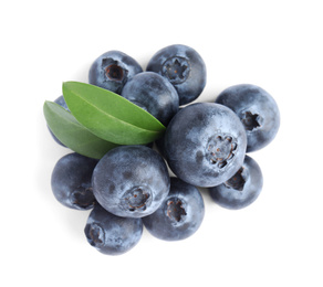 Photo of Fresh ripe blueberries on white background, top view