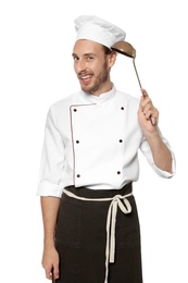 Professional chef with ladle on white background