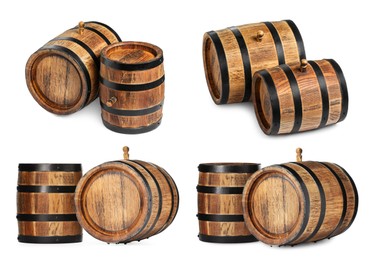 Image of Collage with wooden barrels on white background