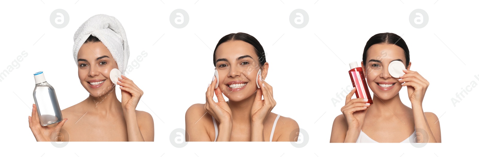 Image of Collage with photos of woman with micellar water on white background