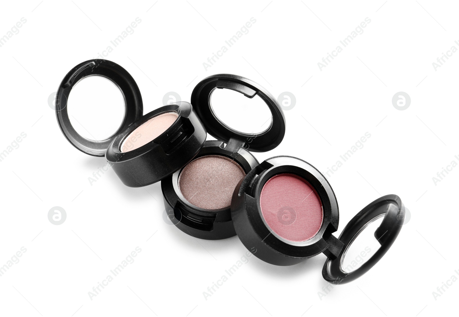 Photo of Different eye shadows on white background. Decorative cosmetics