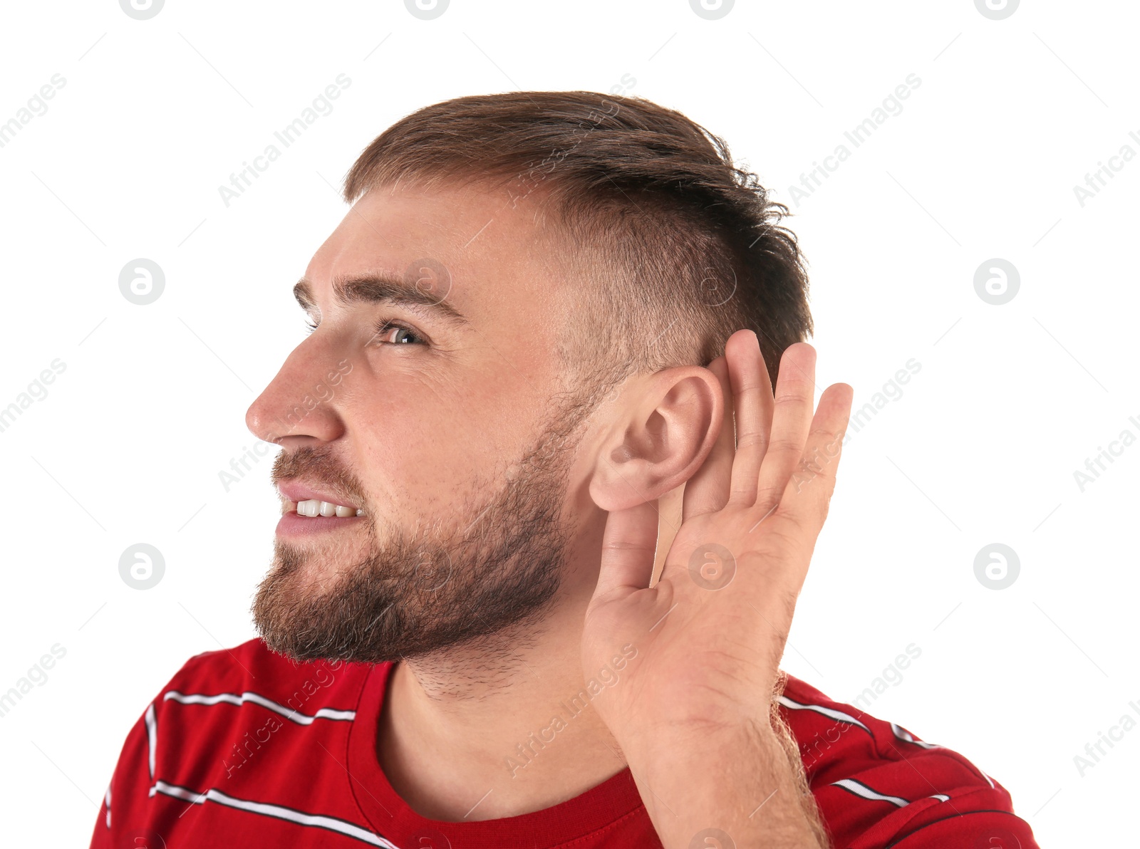 Photo of Young man with hearing problem on white background