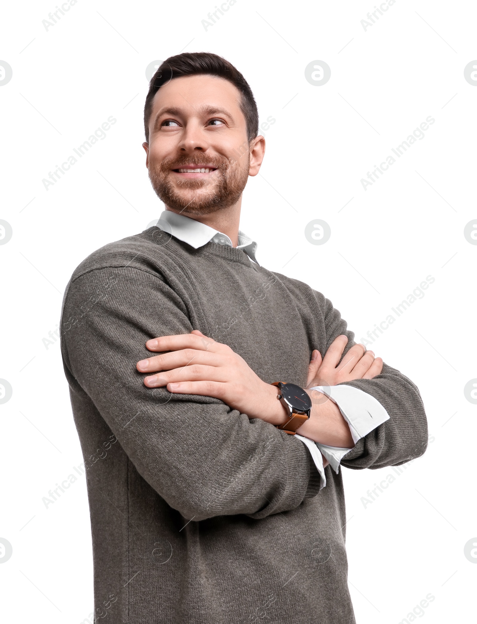 Photo of Portrait of handsome bearded businessman on white background, low angle view