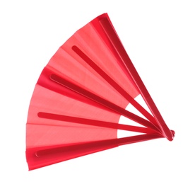 Photo of Red hand fan isolated on white, top view