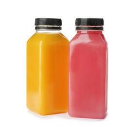 Photo of Bottles with fresh juices on white background