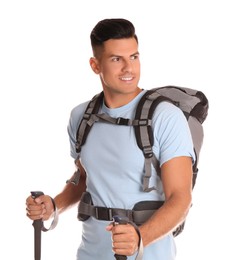 Photo of Male hiker with backpack and trekking poles on white background
