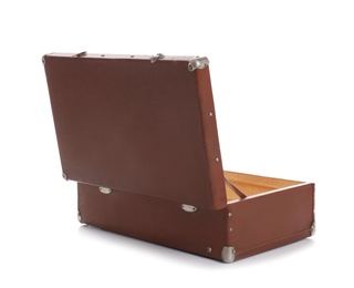 Photo of Open suitcase for travelling on white background