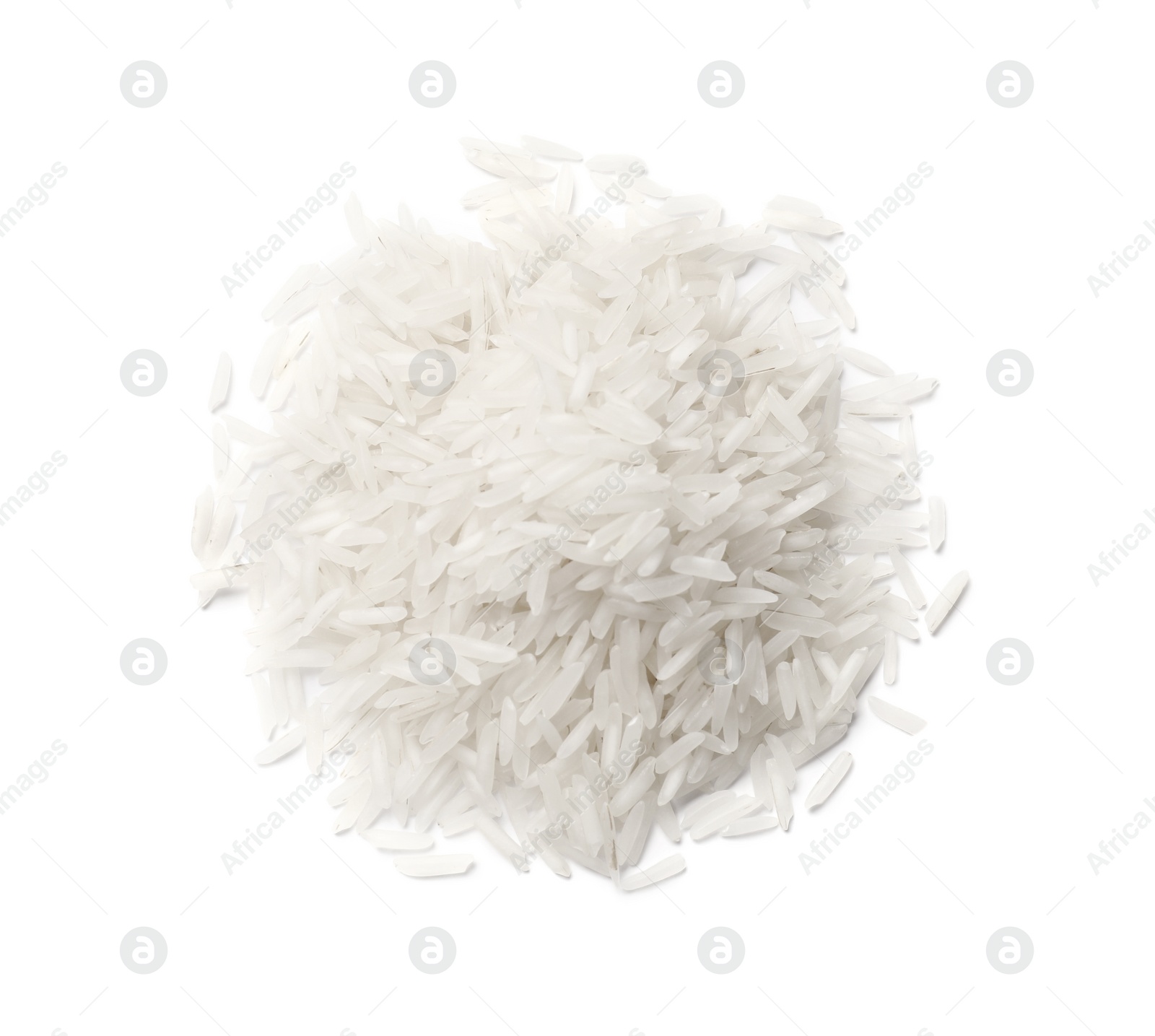 Photo of Pile of raw basmati rice isolated on white, top view