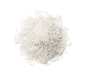 Photo of Pile of raw basmati rice isolated on white, top view