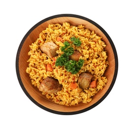 Photo of Bowl with rice pilaf and meat on white background, top view