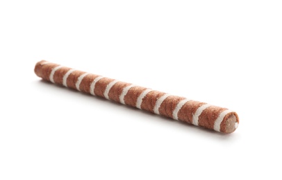 Photo of Tasty wafer roll stick on white background. Crispy food
