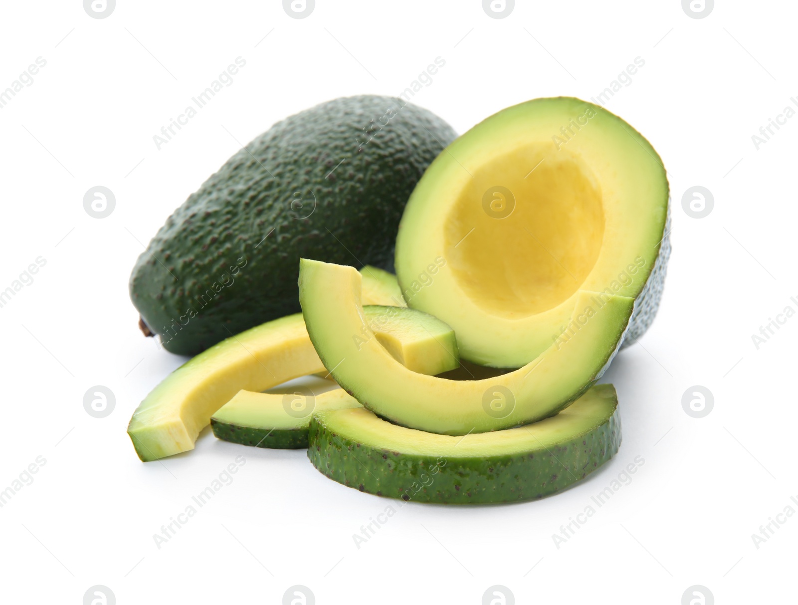 Photo of Ripe avocados on white background. Tropical fruit