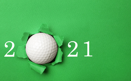 Image of Invitation card design with ball for 2021 golf events. Space for text
