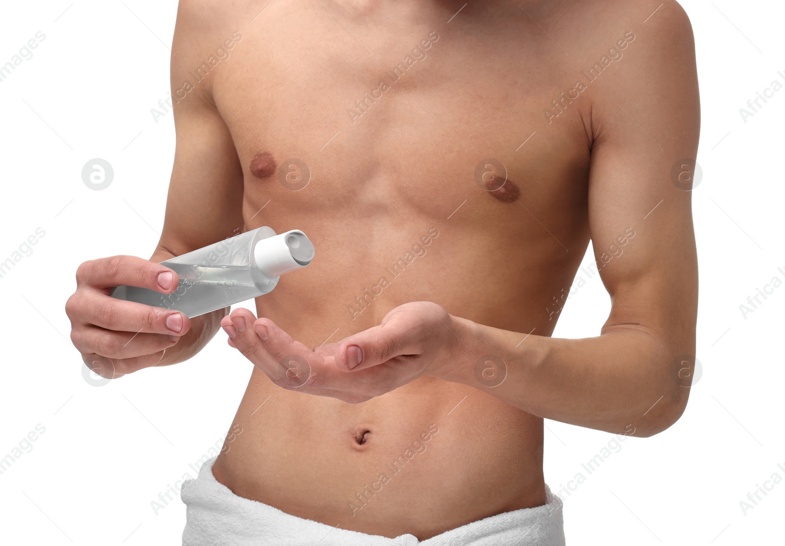 Photo of Man with lotion on white background, closeup