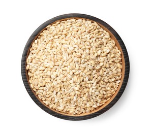 Photo of Dry pearl barley in bowl isolated on white, top view