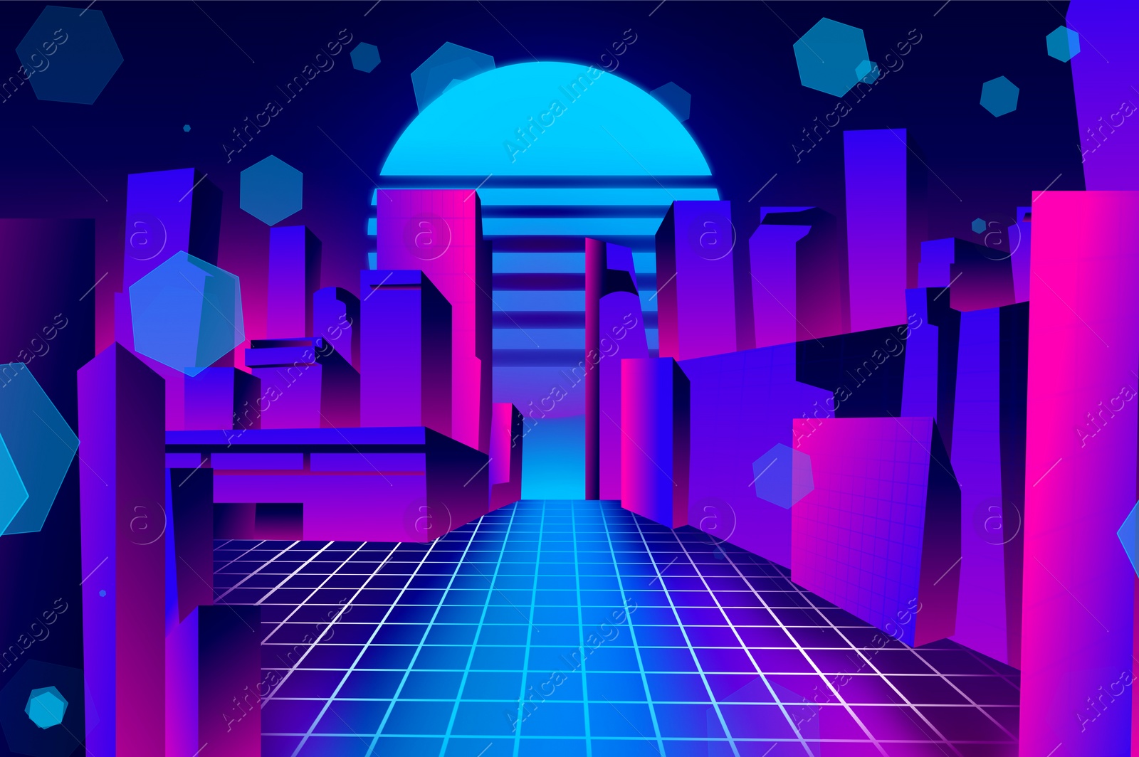Illustration of Metaverse. Digital city with buildings and luminary, illustration