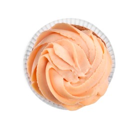 Photo of Tasty cupcake with cream isolated on white, top view