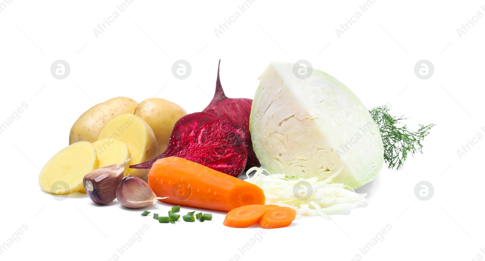 Photo of Ingredients for traditional borscht on white background