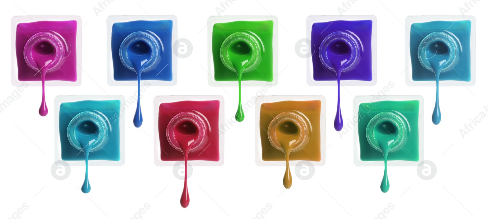 Image of Set of different nail polishes dripping on white background. Banner design