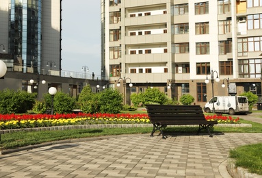 KYIV, UKRAINE - MAY 21, 2019: Beautiful view of modern housing estate in Pecherskyi district on sunny day