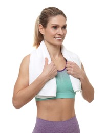 Photo of Portrait of sportswoman with towel on white background