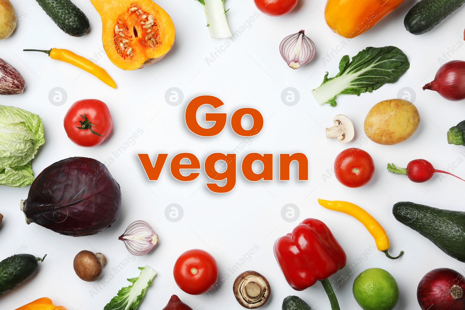 Image of Phrase Go Vegan and fresh vegetables on white background, flat lay