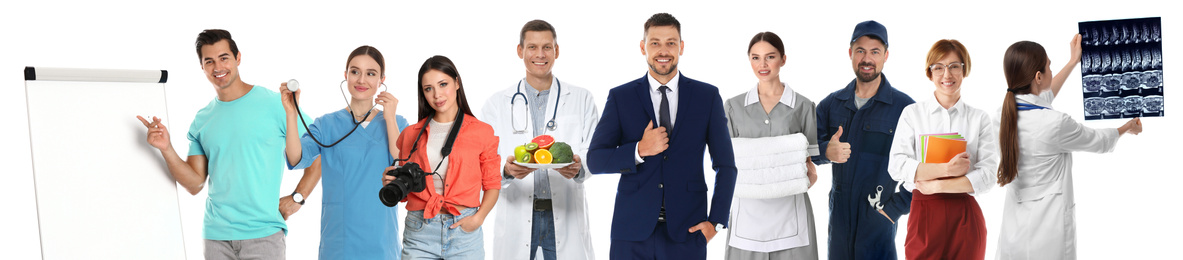 Career choice. People of different professions on white background, banner design