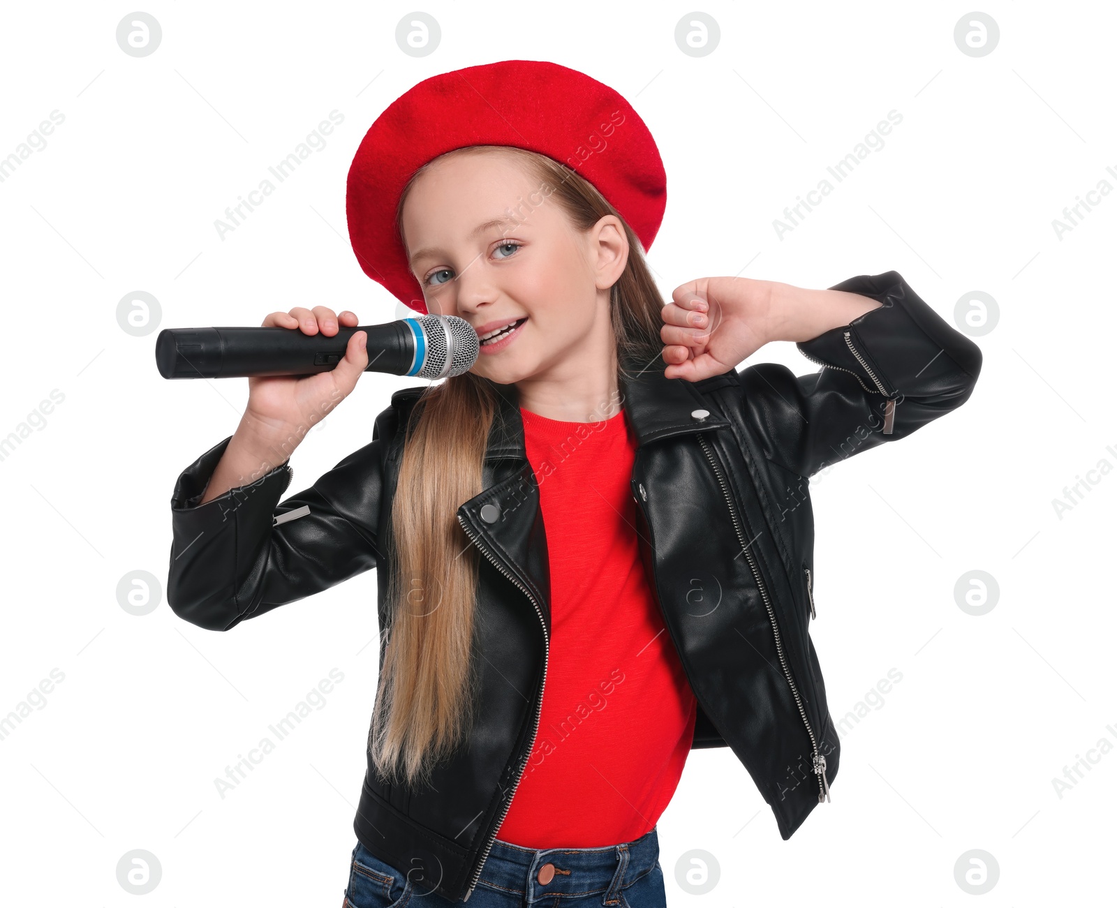 Photo of Cute little girl with microphone singing on white background