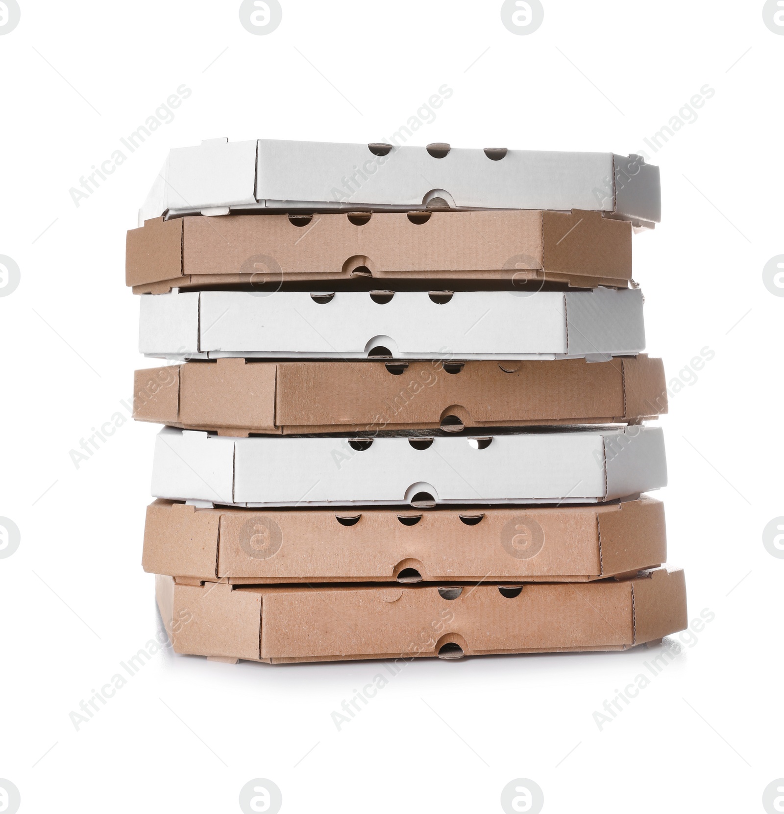 Photo of Stack of cardboard pizza boxes on white background