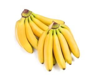 Photo of Bunches of ripe baby bananas on white background