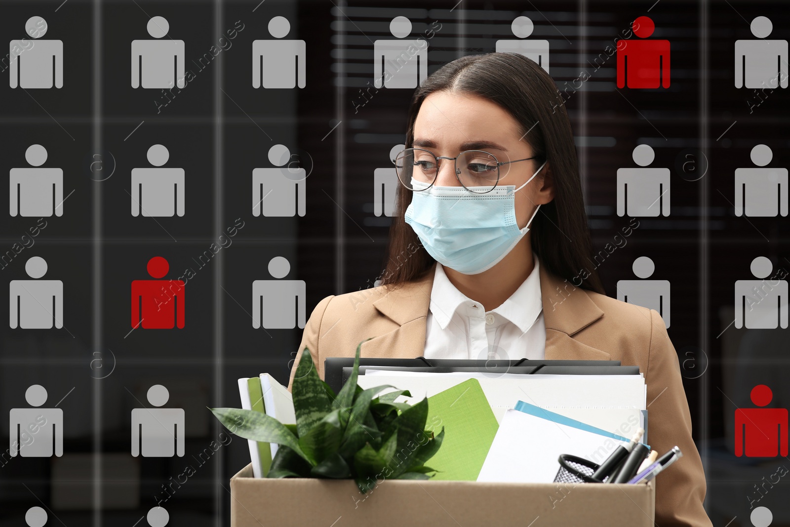 Image of Upset dismissed woman wearing protective mask carrying box with personal stuff in office