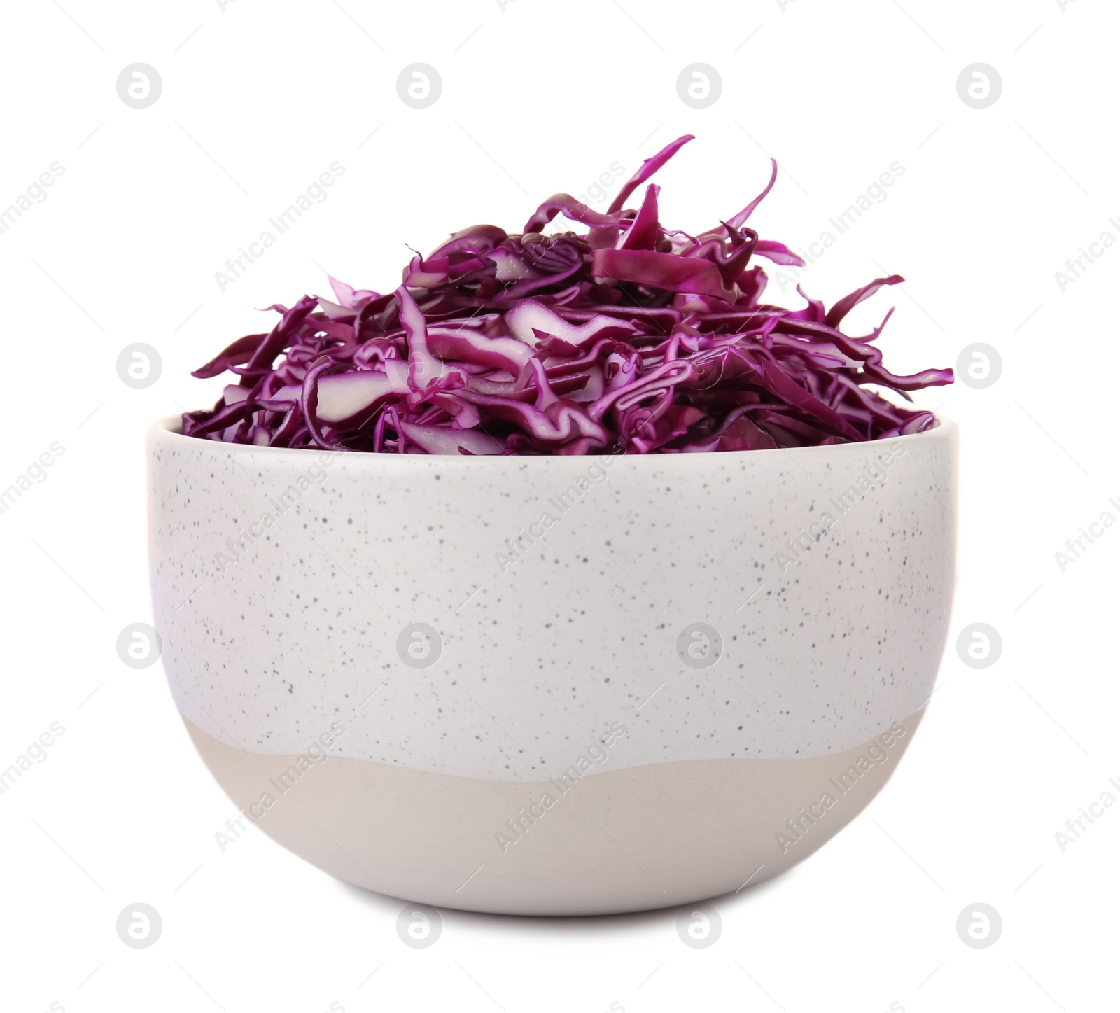 Photo of Bowl with chopped red cabbage on white background