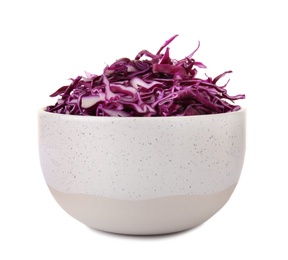 Photo of Bowl with chopped red cabbage on white background