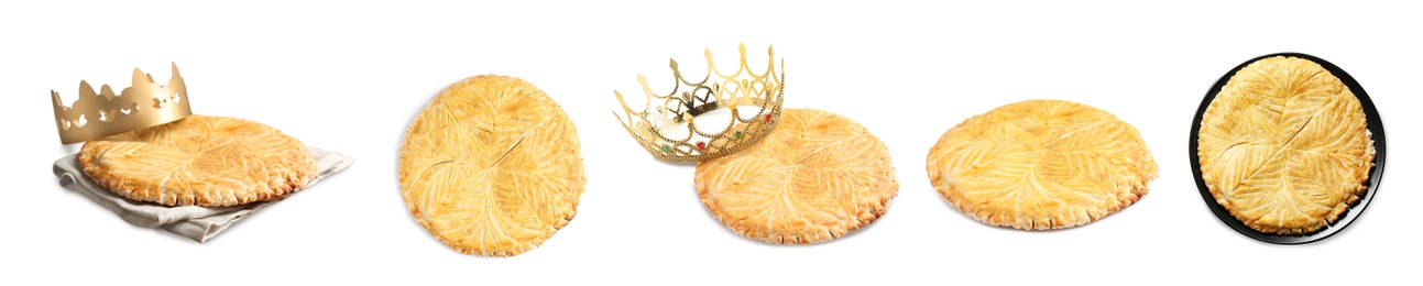 Set of traditional delicious galettes des rois on white background. Banner design