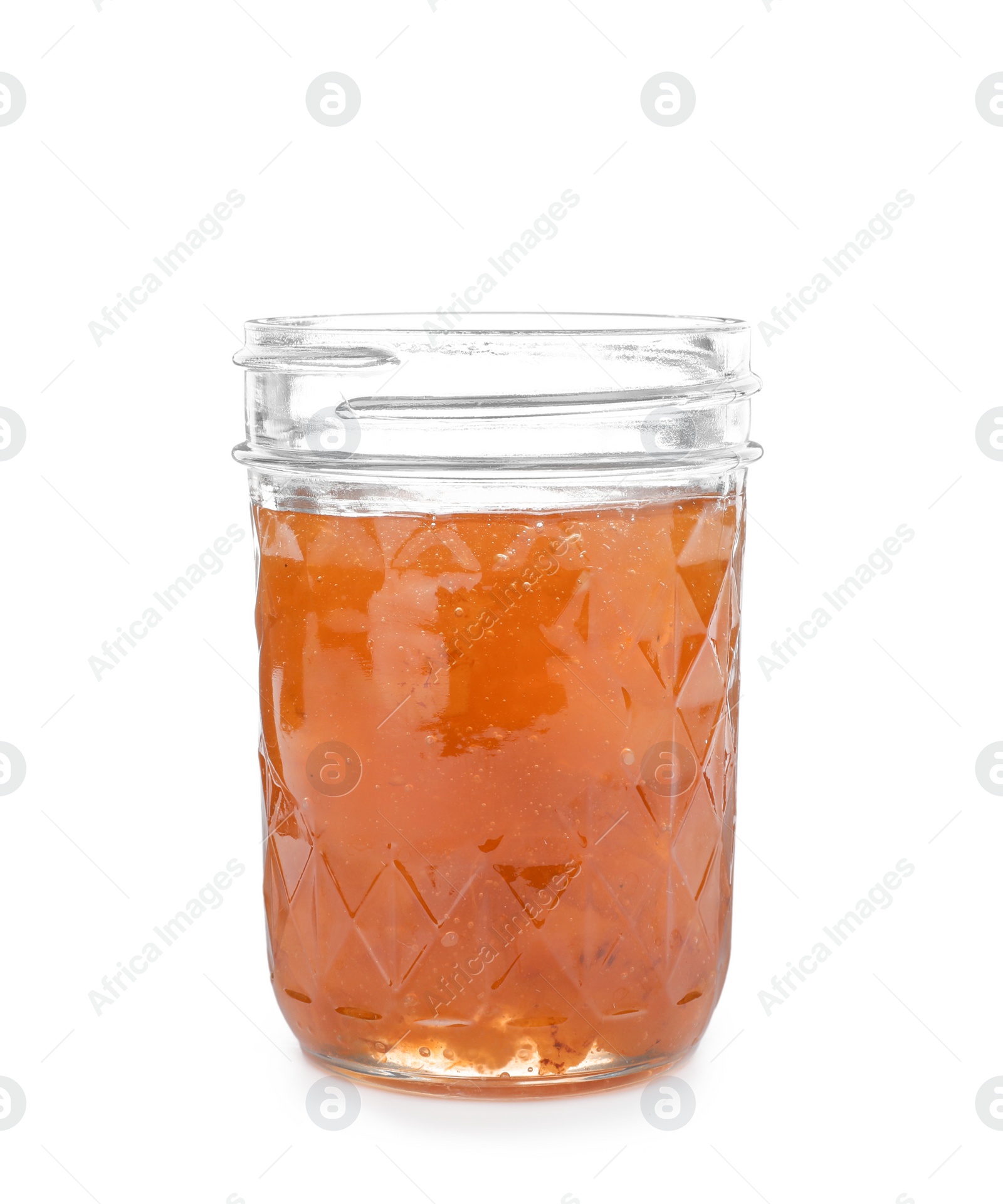 Photo of Jar with delicious apricot jam on white background