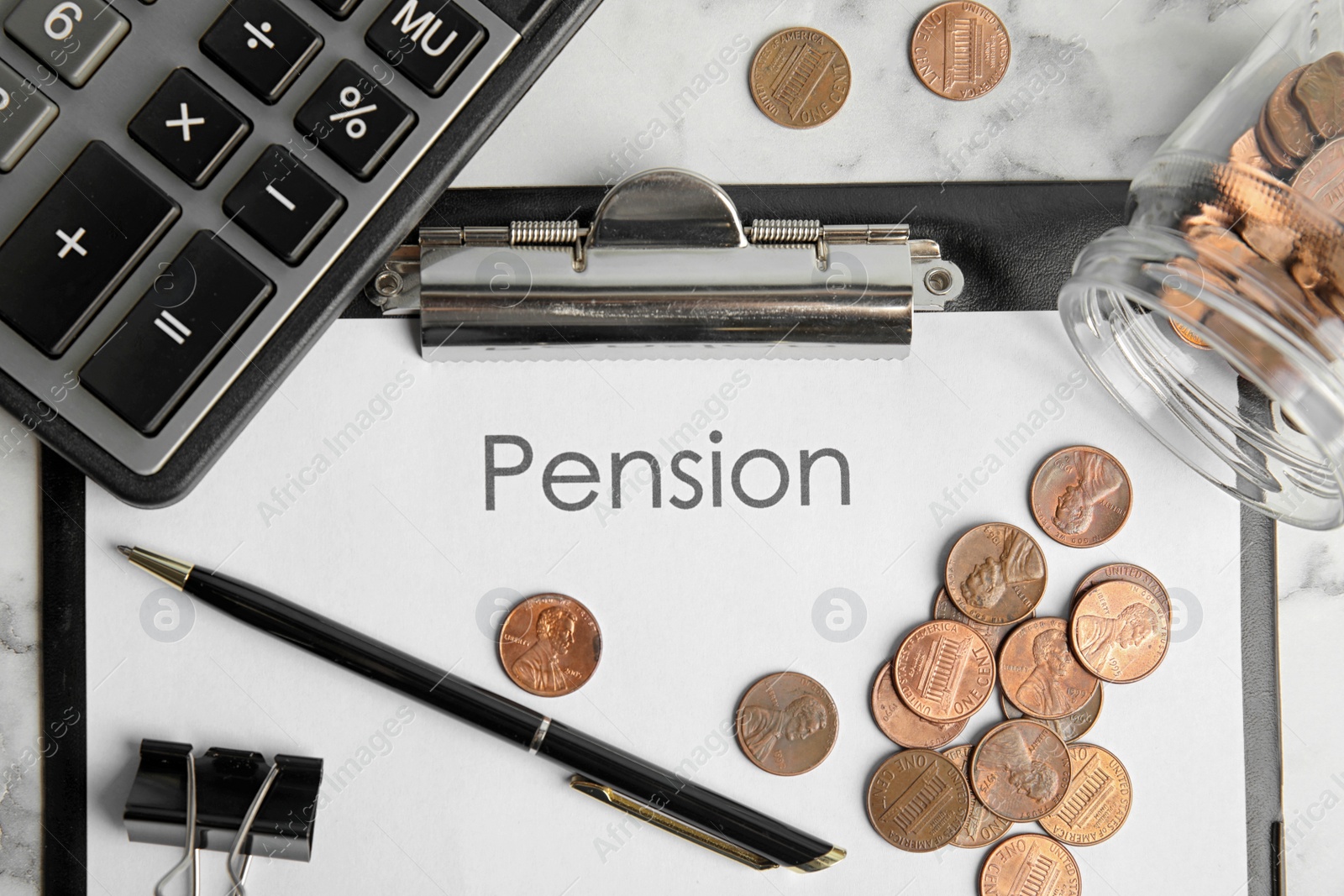 Photo of Paper with word PENSION, coins, jar, calculator and pen on table, flat lay