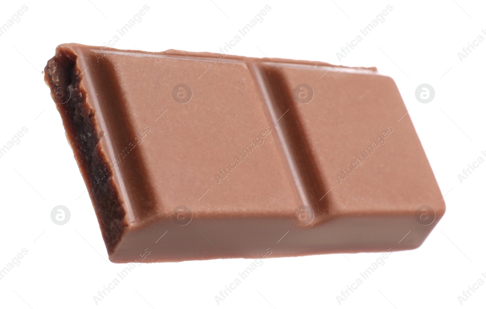 Photo of Piece of tasty chocolate bar isolated on white