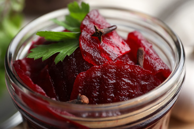 Delicious pickled beets in jar, closeup view