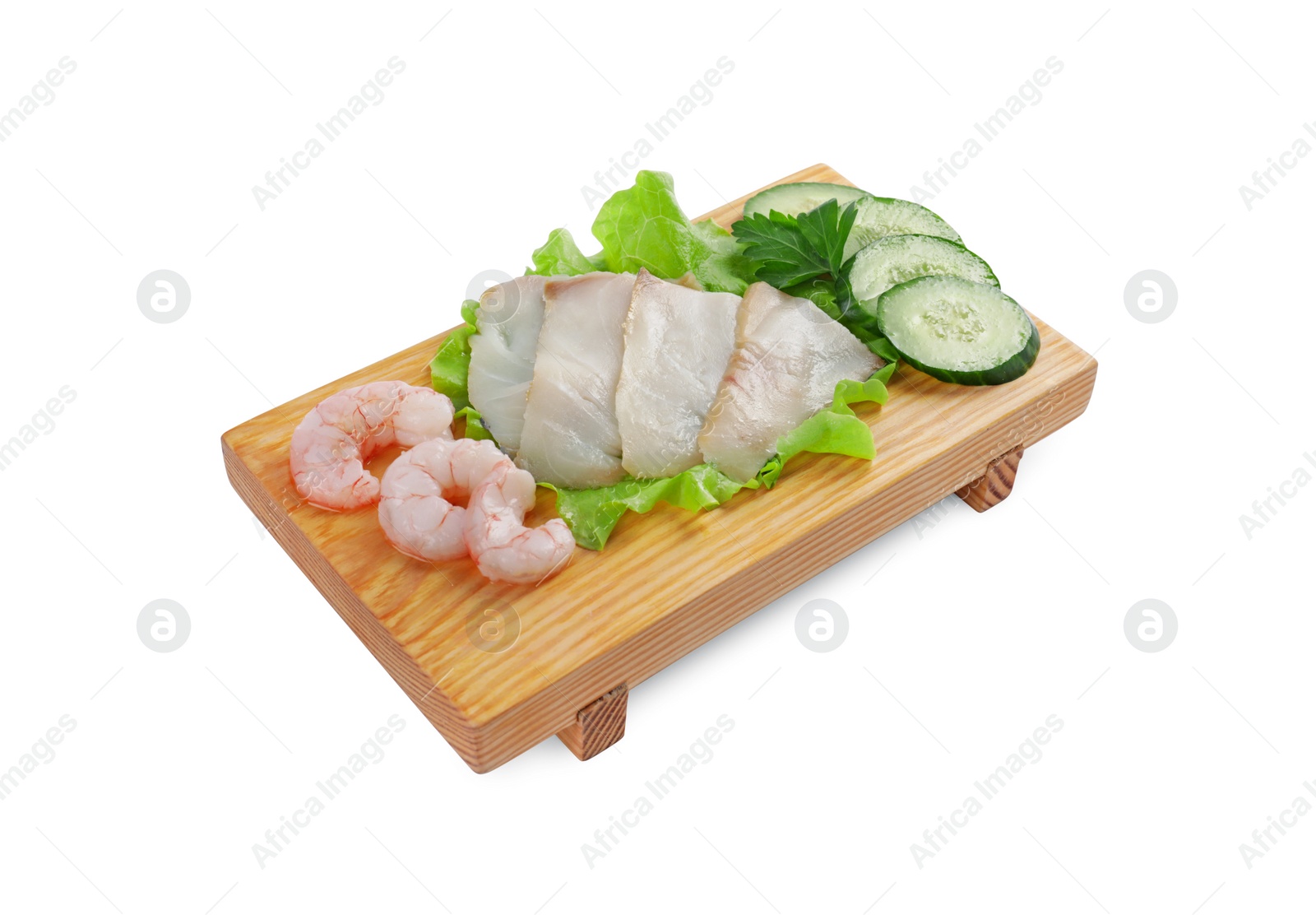 Photo of Sashimi set (raw slices of oily fish and shrimps) served with cucumber, lettuce and parsley isolated on white