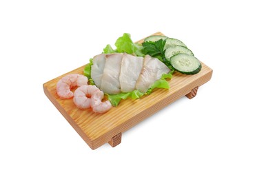 Sashimi set (raw slices of oily fish and shrimps) served with cucumber, lettuce and parsley isolated on white